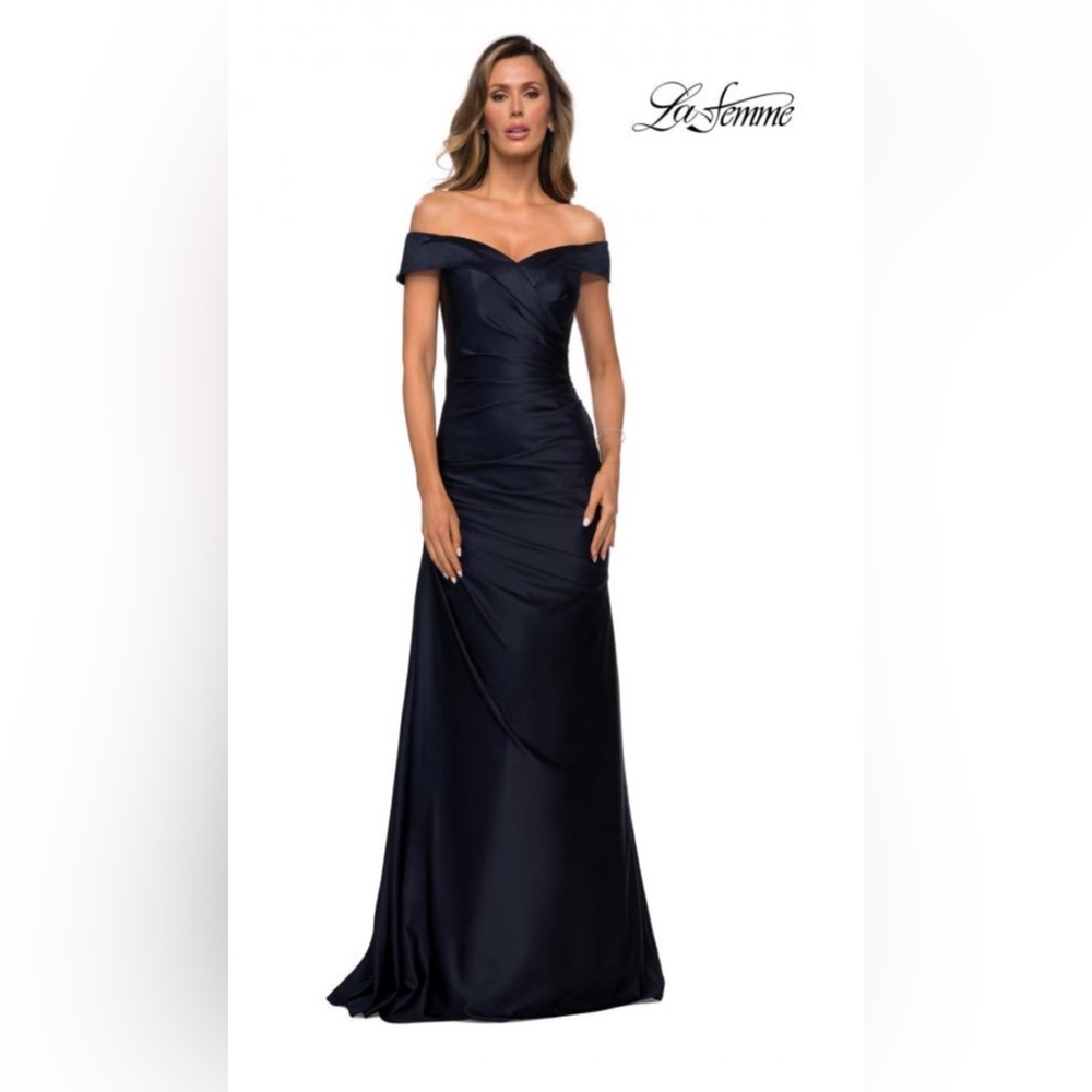 La Femme Navy Off-Shoulder Gown